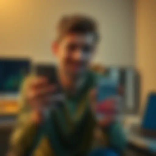 A person looking worried while holding a smartphone, showing a chart of decreasing earnings from their IOT hotspot. The background features a desk with IOT devices and a laptop.