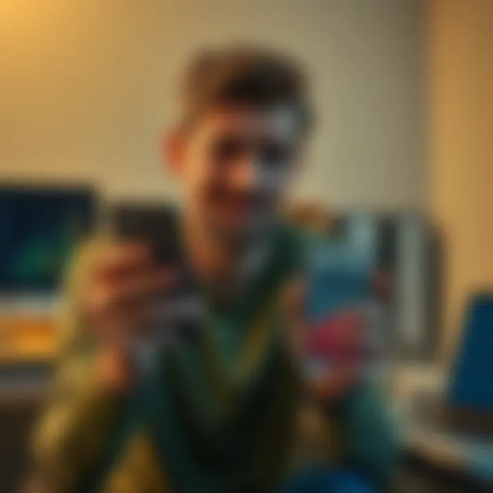 User frustrated with declining IOT hotspot earnings A person looking worried while holding a smartphone, showing a chart of decreasing earnings from their IOT hotspot. The background features a desk with IOT devices and a laptop.