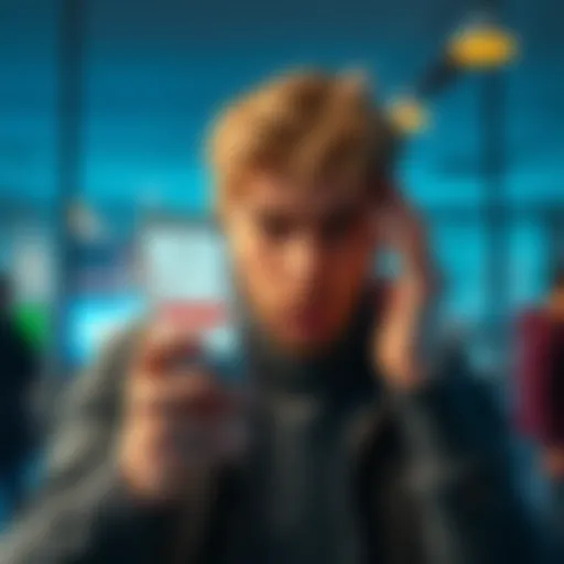 A frustrated person looks at their phone, showing a bank app with a negative balance, expressing concern over missing €1300 due to a transaction dispute with Revolut.