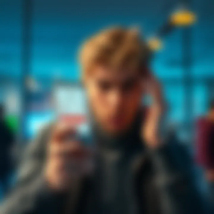 User showing frustration over missing funds A frustrated person looks at their phone, showing a bank app with a negative balance, expressing concern over missing โฌ1300 due to a transaction dispute with Revolut.
