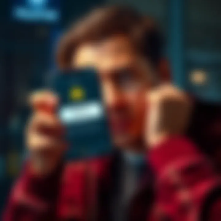 A person looking upset while holding a phone, showing a cash out failure message on the screen. The background shows an app interface with a warning symbol.