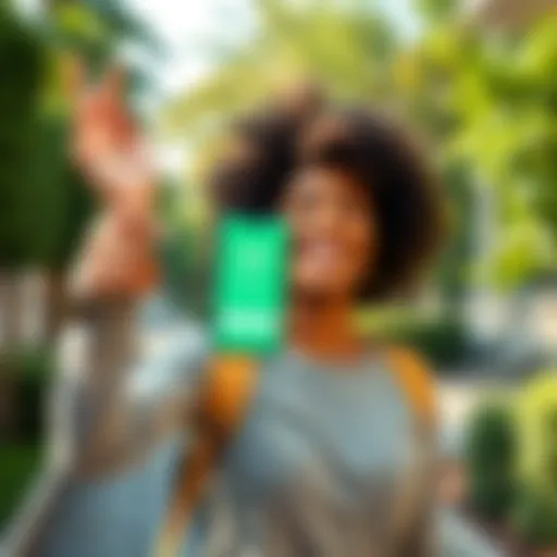 A happy person holding up a phone displaying the Sweatcoin app, smiling as they celebrate winning a $50 prize, surrounded by walking paths and greenery.