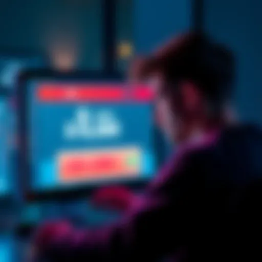 A person looking at a computer screen displaying a locked account message and a balance of $16,000, with a worried expression.