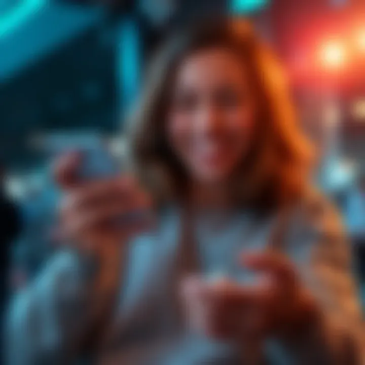 A person happily using the Getbit app on their phone, showcasing a smooth interface and fast transactions.