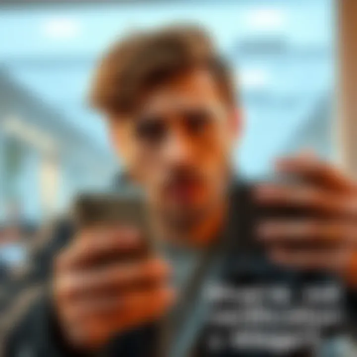 A person looking frustrated while trying to verify their identity with a phone, showing a change in facial hair