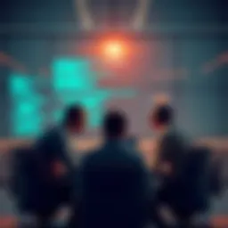 A group of validators working together in a committee meeting, discussing performance metrics and efficiency improvements.