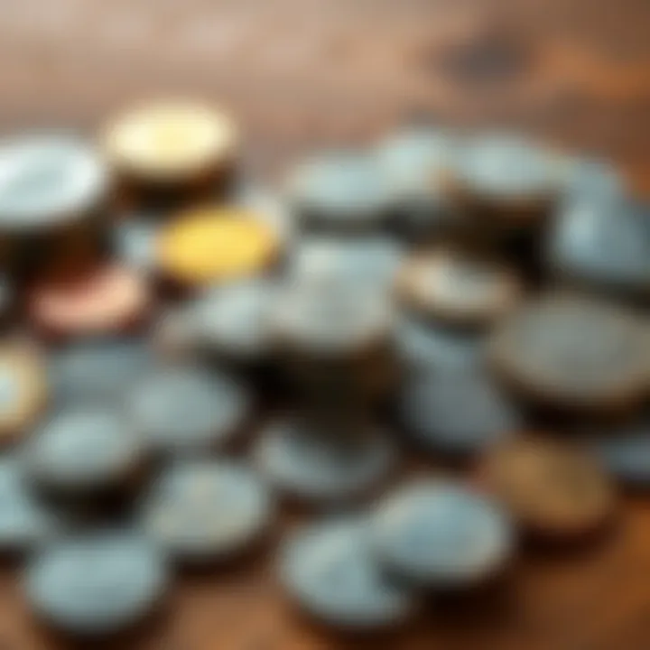 Collection of rare coins displayed on a wooden table, showcasing their shiny surfaces and intricate designs.