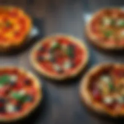 An assortment of pizzas featuring different toppings like pepperoni, vegetables, and cheese on a wooden table