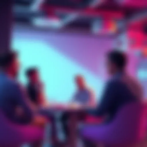 A group of people discussing blockchain technology and VeChain updates in a casual setting