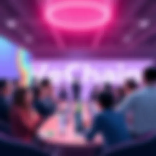 A group of people engaged in a discussion about VeChain's latest developments, with a focus on community interaction and innovation.