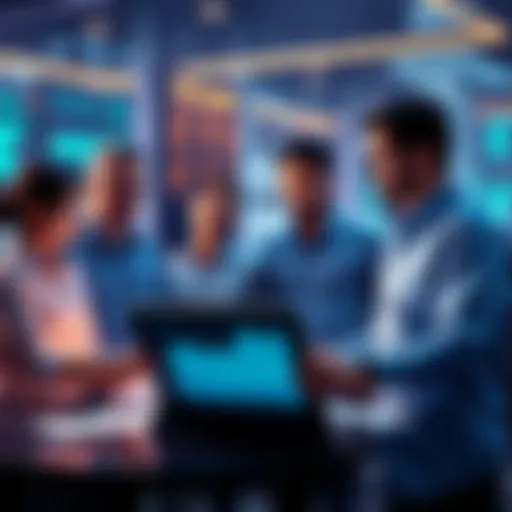 A group of people discussing VeChain investment potential with charts and a laptop in front of them.