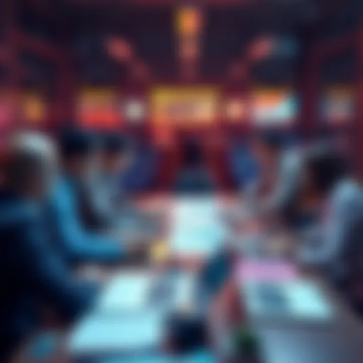 A group of people brainstorming creative tech project ideas using Vechain technology, with charts and laptops on a table