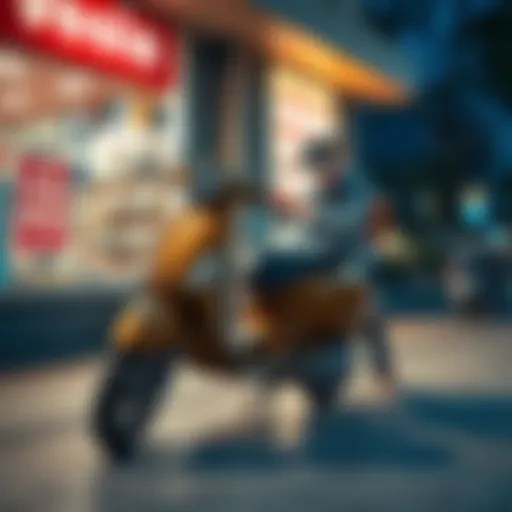A Vespa scooter parked for sale outside a store, with a concerned seller looking on.