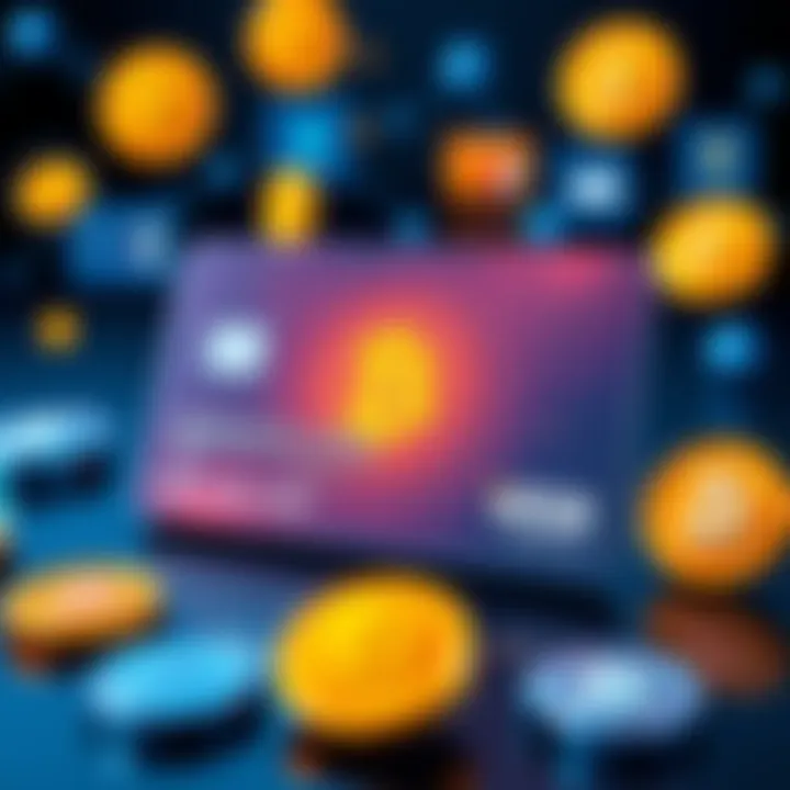 A visual representation of a virtual debit card with cryptocurrency logos, highlighting its use in online payments, surrounded by icons of fees and refunds.