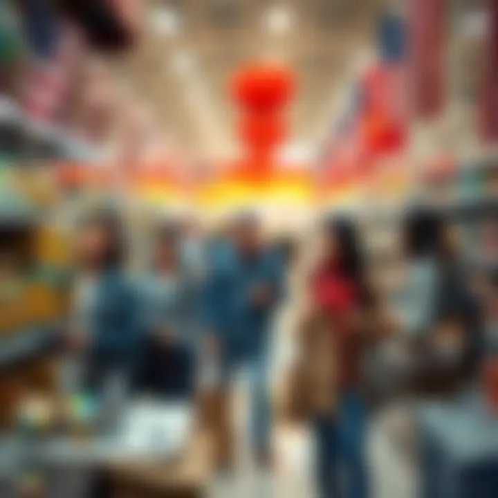 International visitors shopping in the U.S. Group of international visitors browsing and buying parcels in a U.S. store during the World Cup.