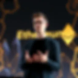 Vitalik Buterin discusses his vision for Ethereum, focusing on decentralization and security, with a backdrop of Ethereum branding.