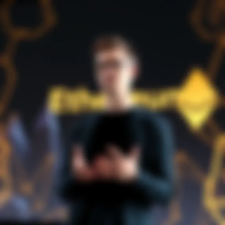 Vitalik Buterin discusses his vision for Ethereum, focusing on decentralization and security, with a backdrop of Ethereum branding.