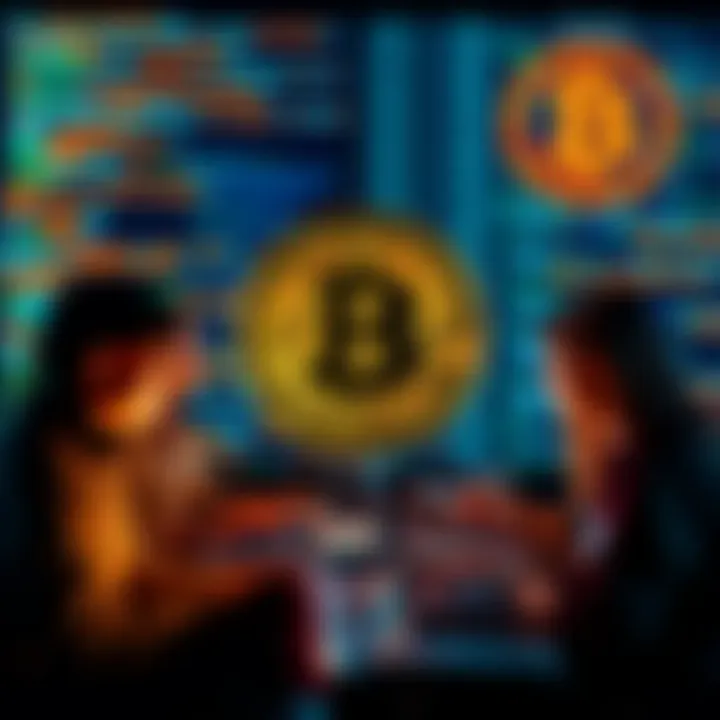 A group of volunteers using laptops to analyze Bitcoin code, with a digital representation of the Bitcoin logo and code snippets in the background.