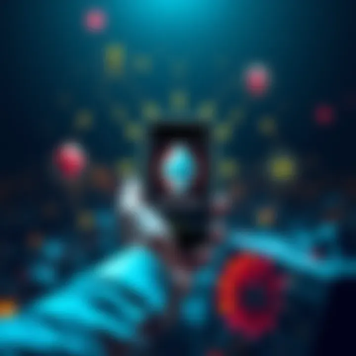 A person using a smartphone to access a voting app on the Ethereum blockchain, surrounded by digital symbols representing technology and community support.