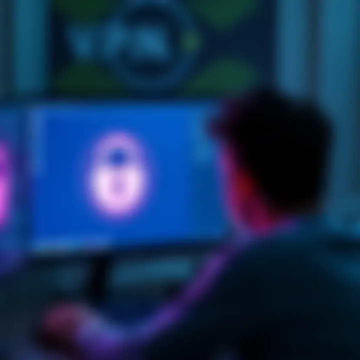 A frustrated person looking at their computer screen with a VPN logo and a lock icon on display, depicting account blockage without notification.