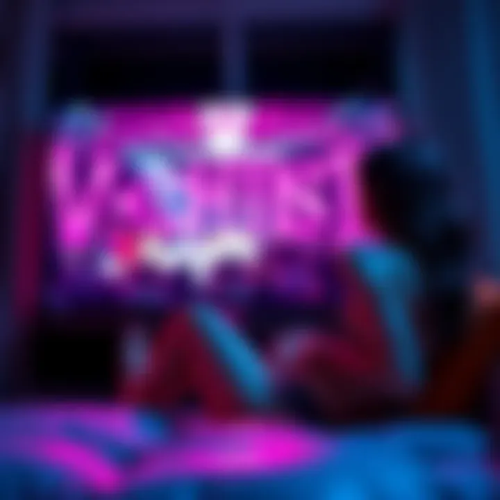 A woman watching the Victoria's Secret Fashion Show on TV, sitting comfortably without wearing a bra, reflecting on body image and self-acceptance.