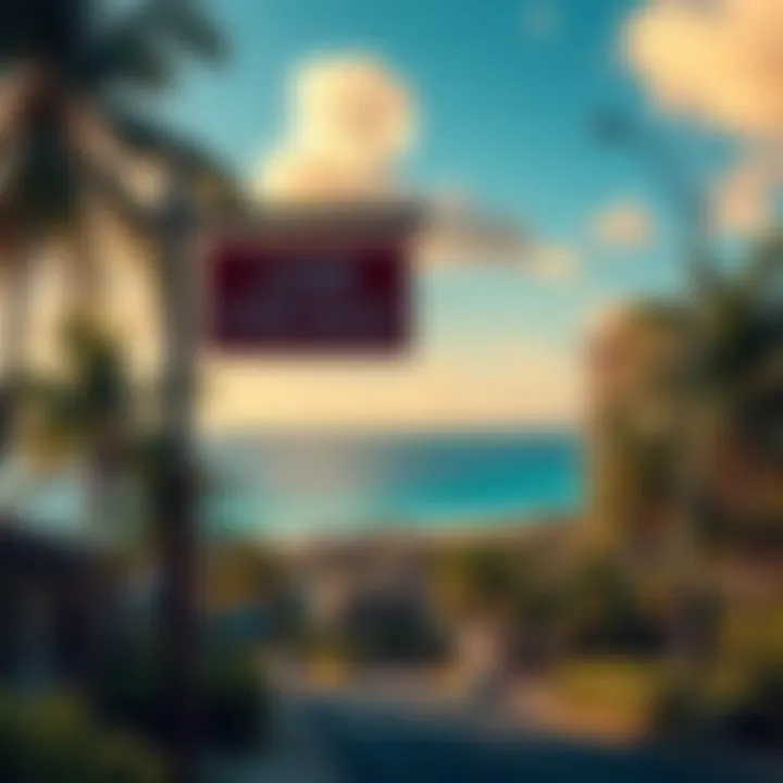 A view of Waikiki with a real estate sign indicating land for sale, surrounded by tropical palm trees and beaches.