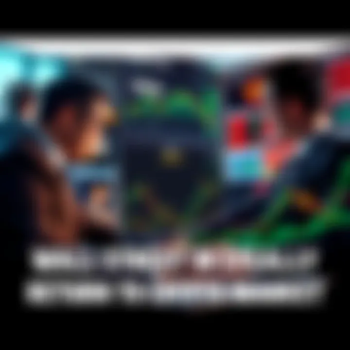 Wall Street investors reviewing cryptocurrency charts and trends in an office setting