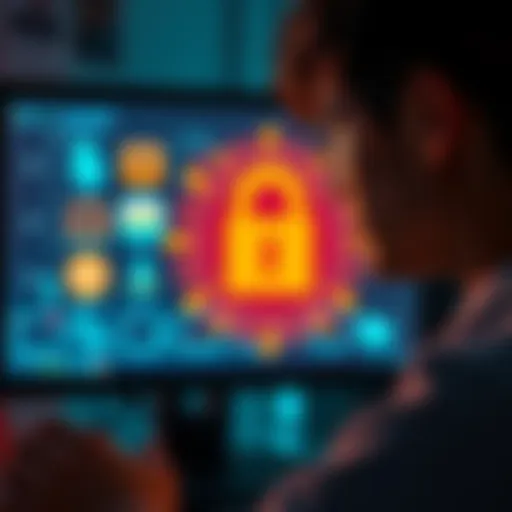A person looking at a computer screen with a graphic of wallet icons and a lock symbol, representing digital wallet security.