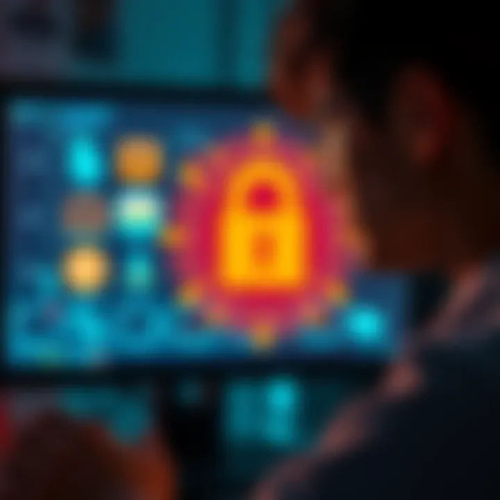 A person looking at a computer screen with a graphic of wallet icons and a lock symbol, representing digital wallet security.