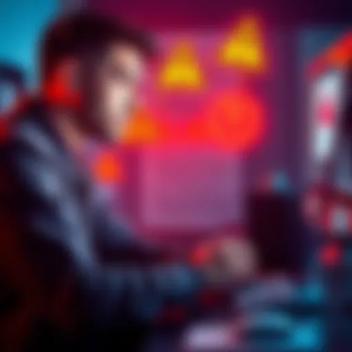 A person looking at a suspicious email on a computer with a worried expression, surrounded by warning symbols