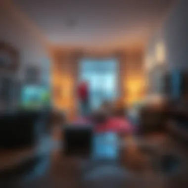 A damaged living room with water on the floor from an aquarium leak, showing soaked furniture and a concerned homeowner inspecting the area.