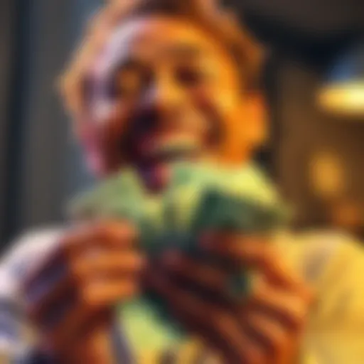 A happy person counting money with a big smile, showcasing the joy that wealth can bring.
