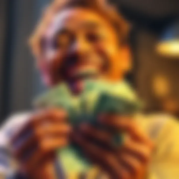 A happy person counting money with a big smile, showcasing the joy that wealth can bring.