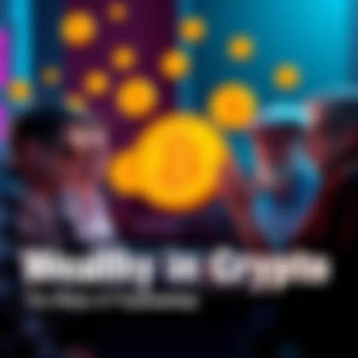 Group of wealthy individuals discussing cryptocurrency with Bitcoin symbols around them