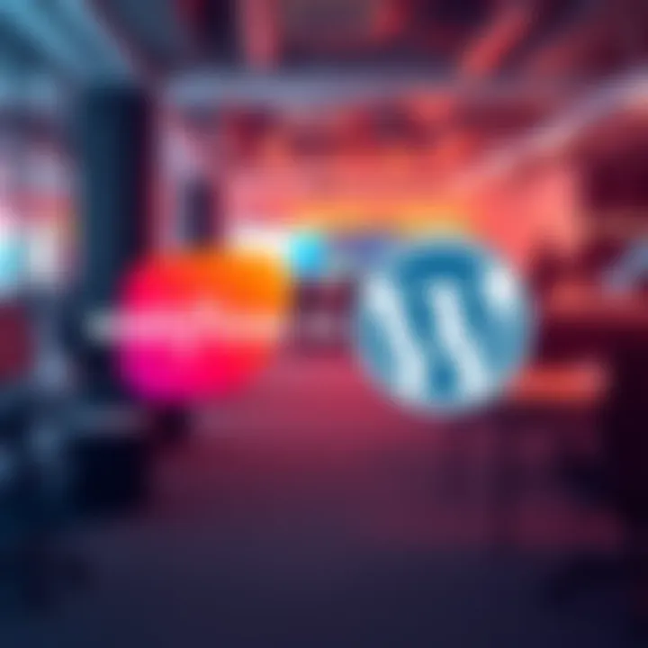 Webflow vs WordPress illustration A split image showing Webflow logo on one side and WordPress logo on the other, with a B2B office setting in the background, symbolizing a comparison of the two platforms.