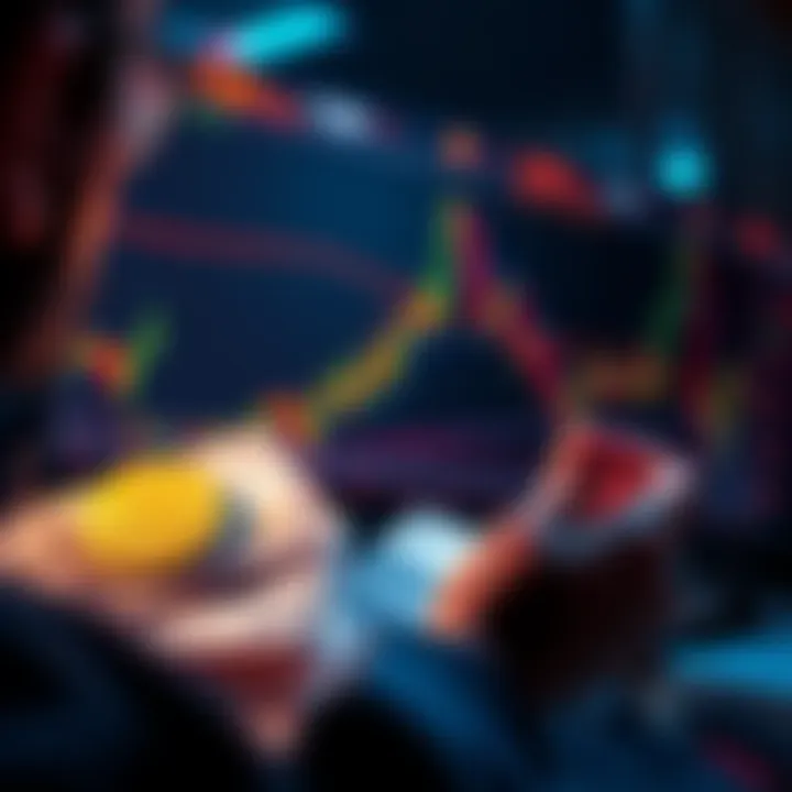 Graphic showing a person analyzing Bitcoin prices with charts and dollar bills, representing a cost-effective DCA strategy.