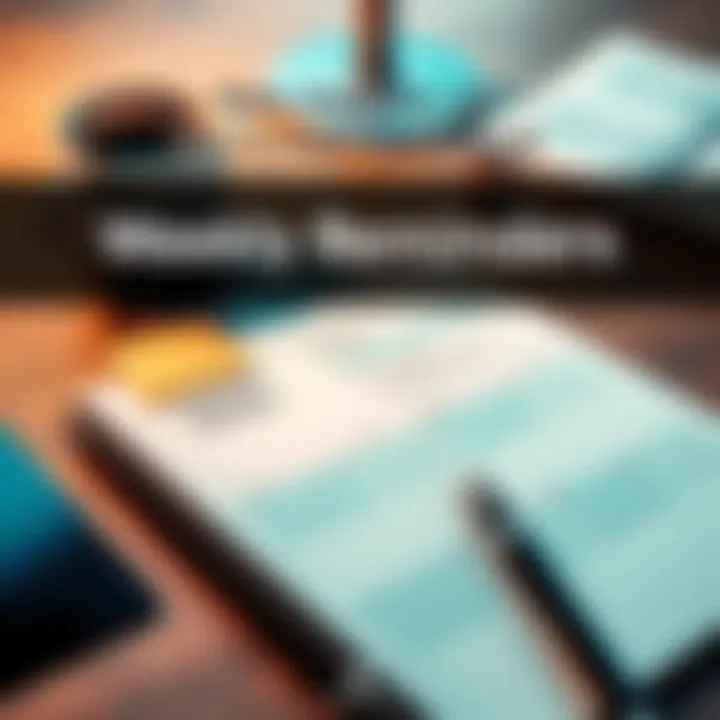 A planner with weekly reminders and motivational notes laid out on a desk, surrounded by a cup of coffee and a pen.