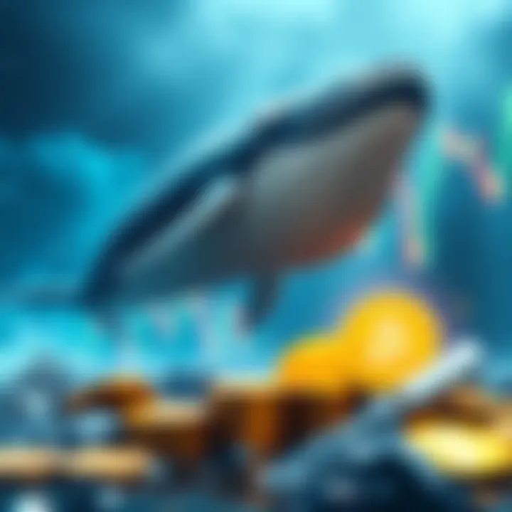 A large whale symbolically buying Bitcoin, representing aggressive market strategies and liquidity moves, while a graph shows fluctuating prices in the background.