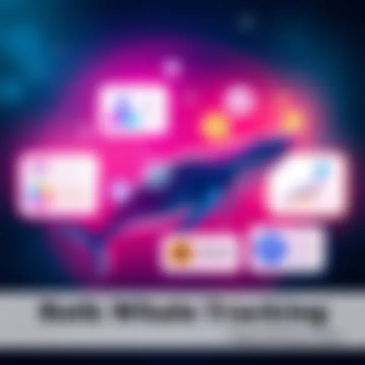 A visual representation of four tools for tracking whale movements in finance, including a chart, graphs, and logos of popular tracking platforms.