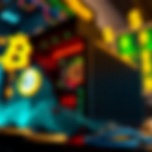 A Whatsminer M20s mining machine with Bitcoin symbols and dollar signs in the background, representing potential profitability.