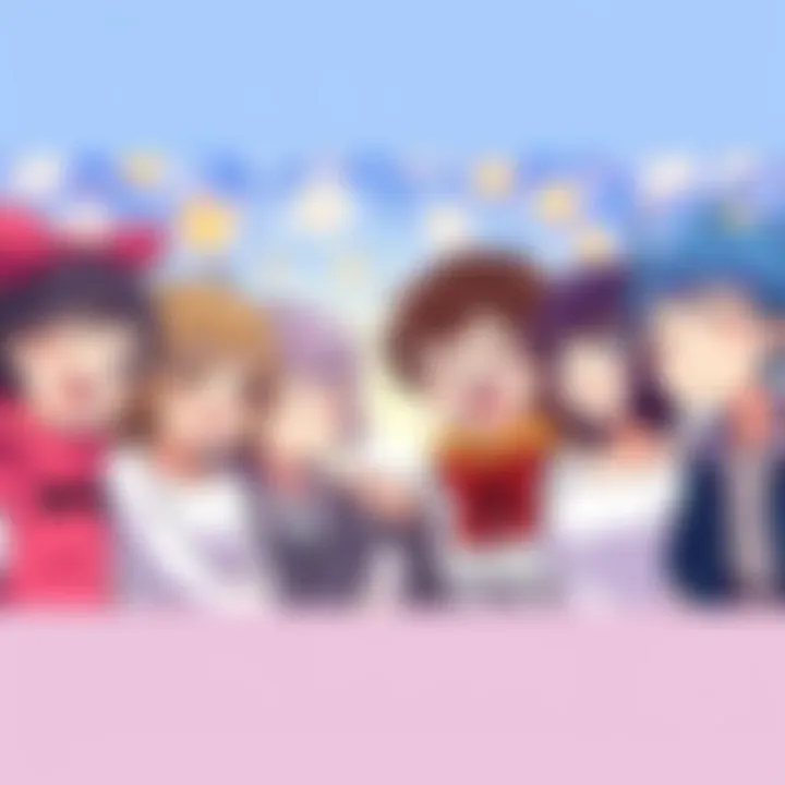 A group of cheerful anime characters sharing a happy moment, radiating joy and friendship, perfect for feel-good watching.