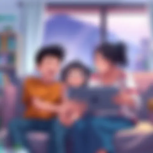 A family enjoying a wholesome anime together on a couch, smiling and laughing as they watch.