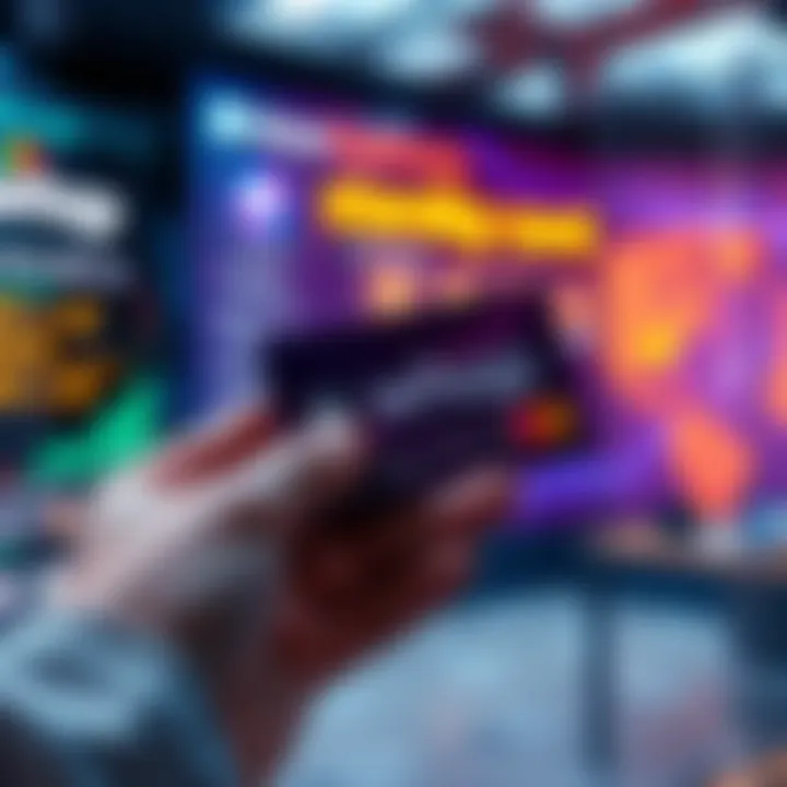 A person holding a Whop stablecoin card with a digital wallet display in the background, showcasing global spending options.