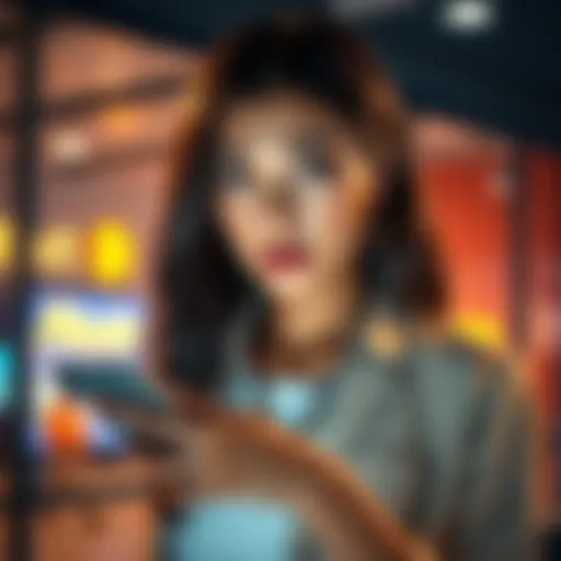A woman looking worried while holding her phone, pondering her friend's investment in Bitcoin and the fees involved.