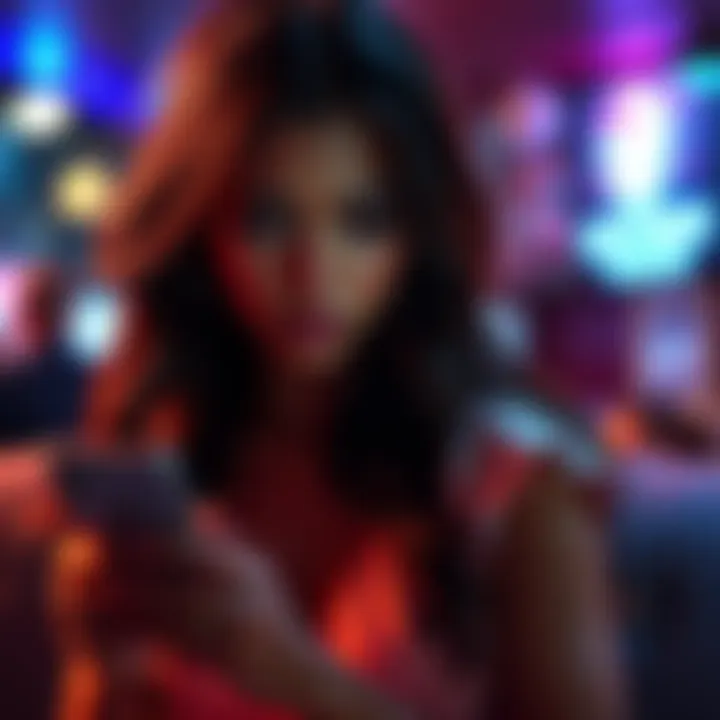 A 31-year-old woman with 36F breasts appears anxious while browsing a dating app on her phone, reflecting her feelings about body image and online dating.