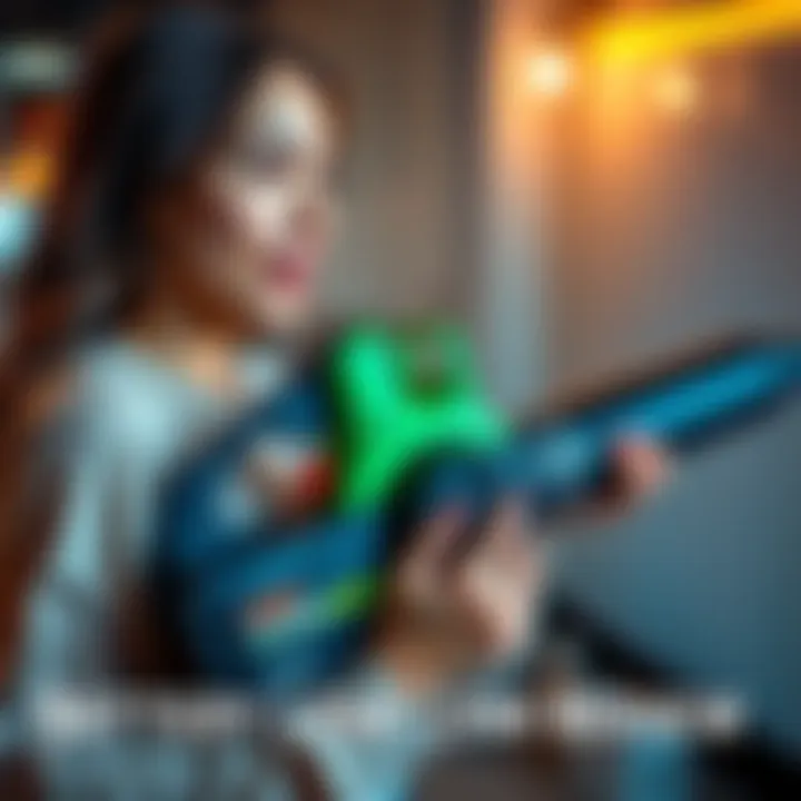 Woman reviewing battery leaf blower A woman holds a battery leaf blower, expressing her opinions about its features and the marketing around it.