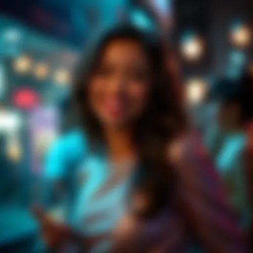 A confident woman in a sparkling outfit smiling and enjoying a night out with friends, radiating charm and positivity.