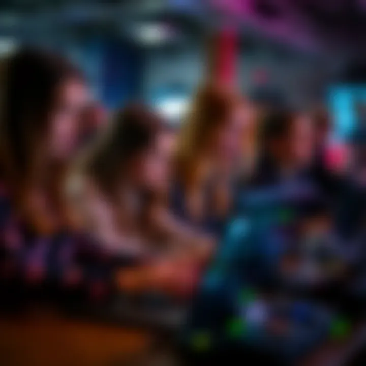 A diverse group of female programmers collaborating on a project at a hackathon, focused on their laptops with coding screens visible.