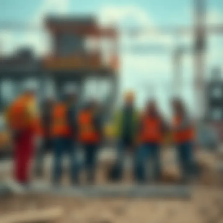 Group of construction workers interacting at a job site, causing disruption to nearby plans.