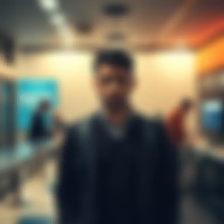 A concerned individual stands at a bank counter, contemplating difficulties in cash withdrawals, symbolizing frustration with compliance issues.